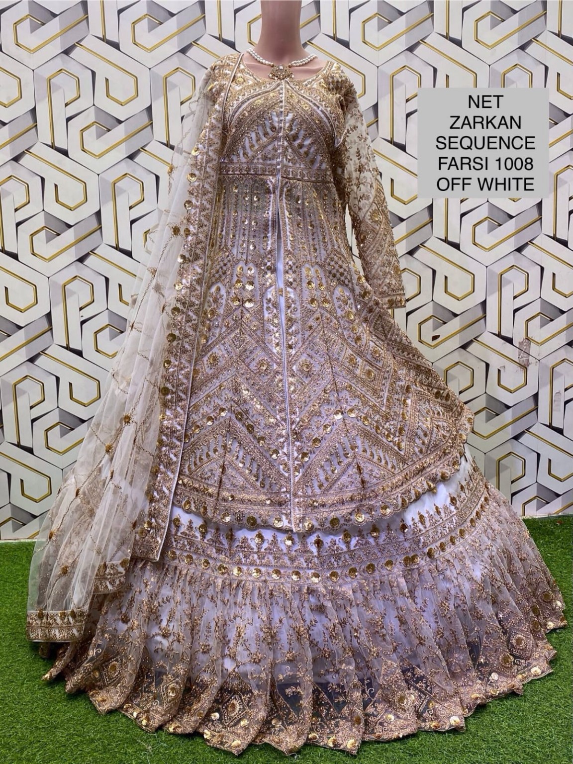 প্রিমিয়াম ব্রাইডাল গাউন – NET ZARKAN SEQUENCE FARSI 1008 (OFF WHITE)