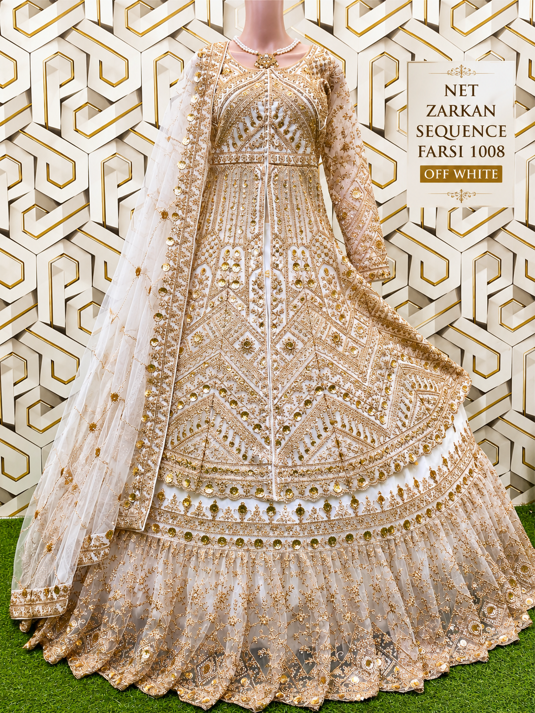 প্রিমিয়াম ব্রাইডাল গাউন – NET ZARKAN SEQUENCE FARSI 1008 (OFF WHITE)