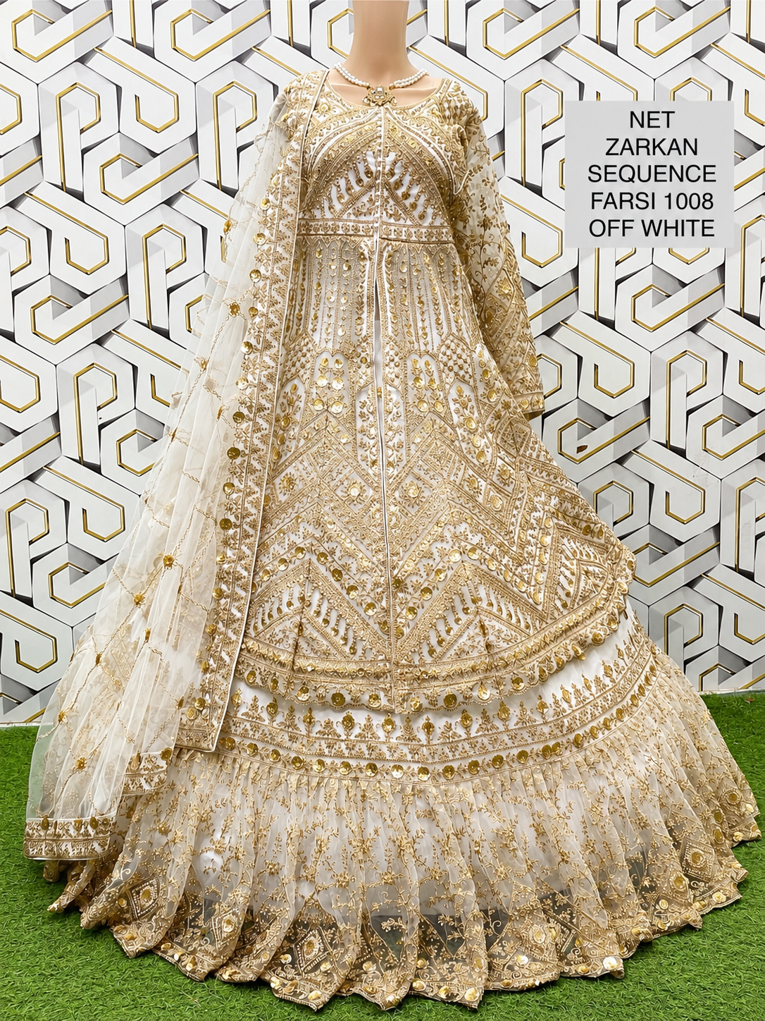 প্রিমিয়াম ব্রাইডাল গাউন – NET ZARKAN SEQUENCE FARSI 1008 (OFF WHITE)